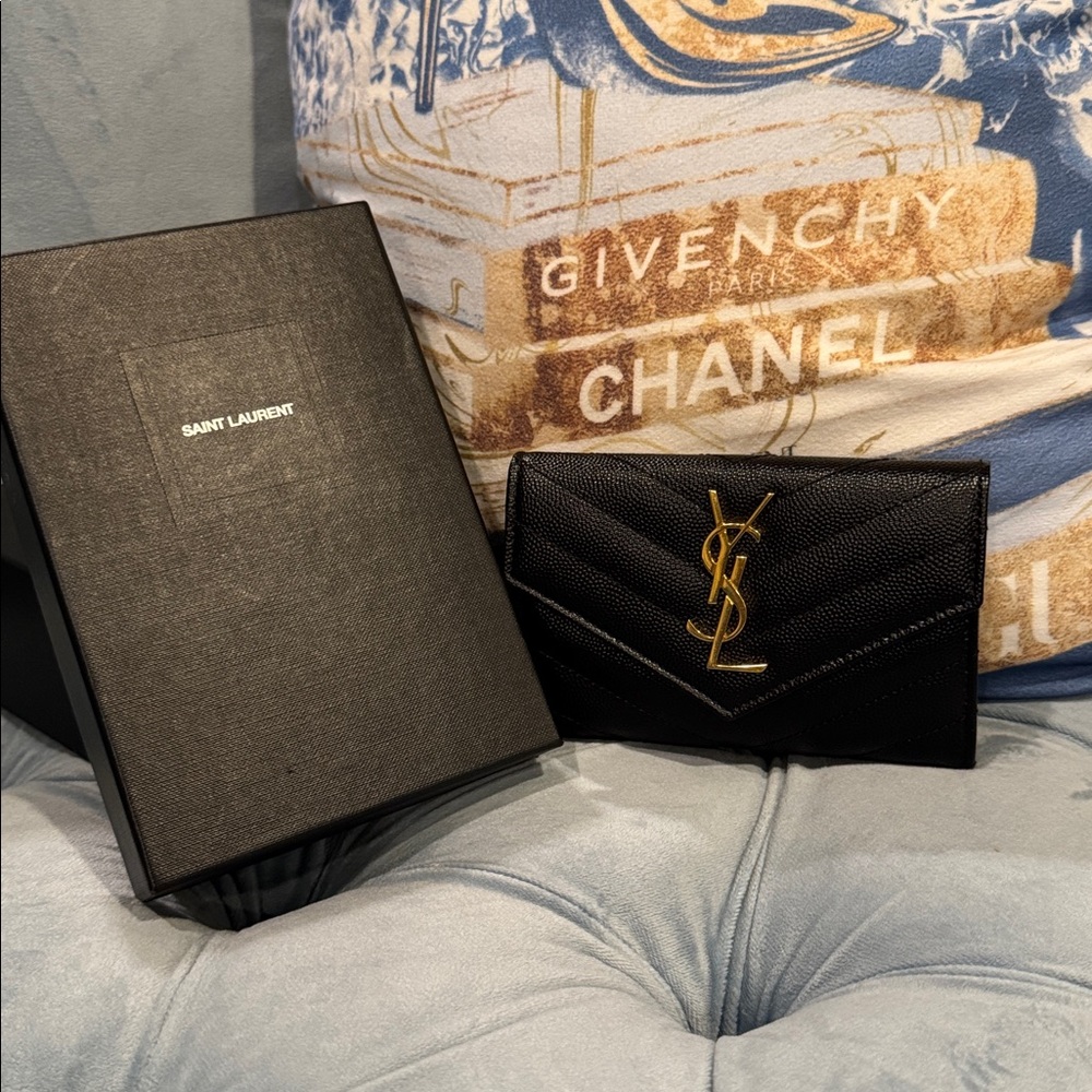 Saint Laurent Black Wallet with Gold Logo with COA